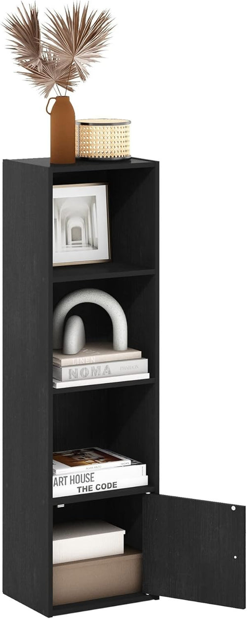 Durable 4-Tier Blackwood Shelf Bookcase with 1 Door Storage Cabinet