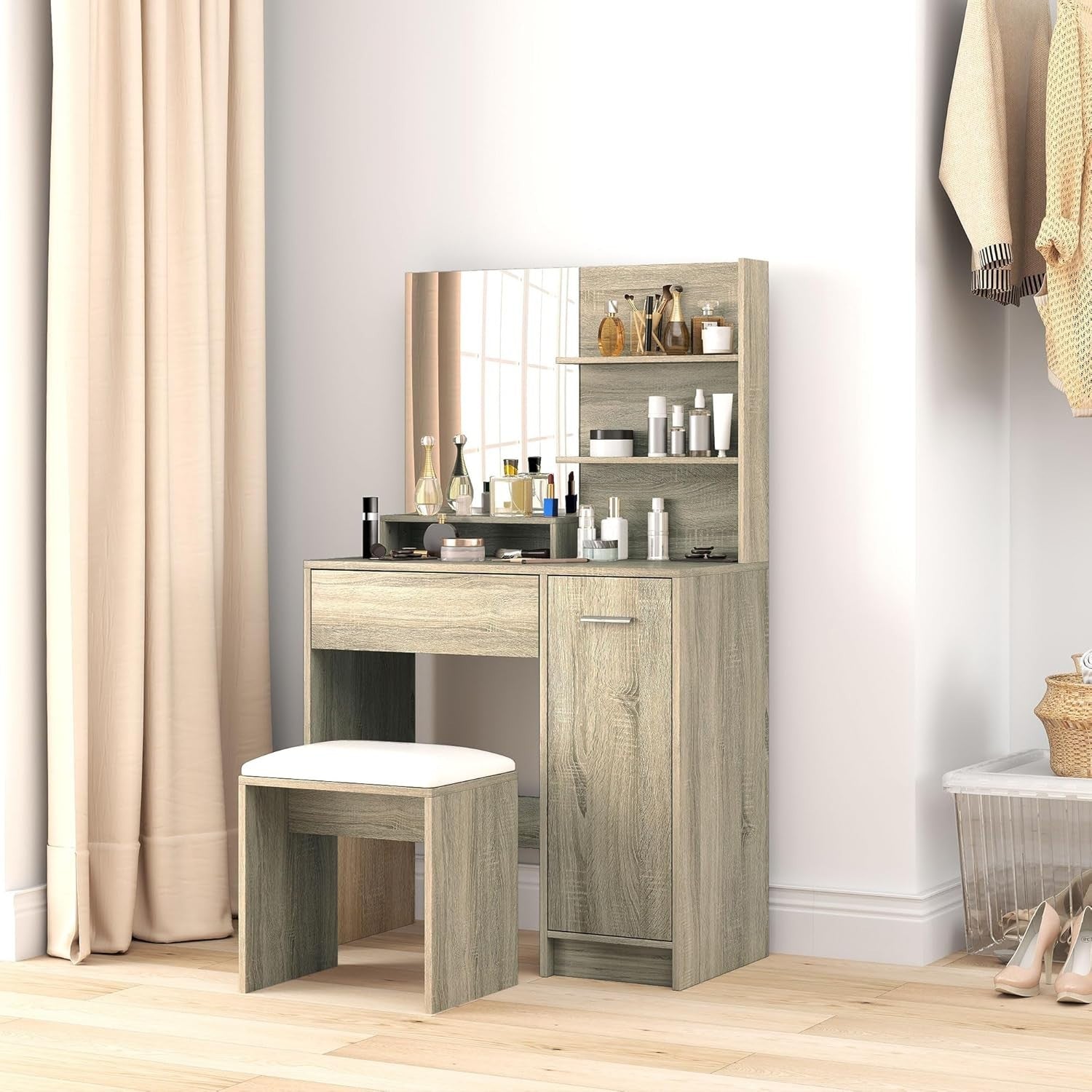 Natural Wood Dressing Table Vanity Set Mirror Stool Cabinet Drawer Makeup Storag