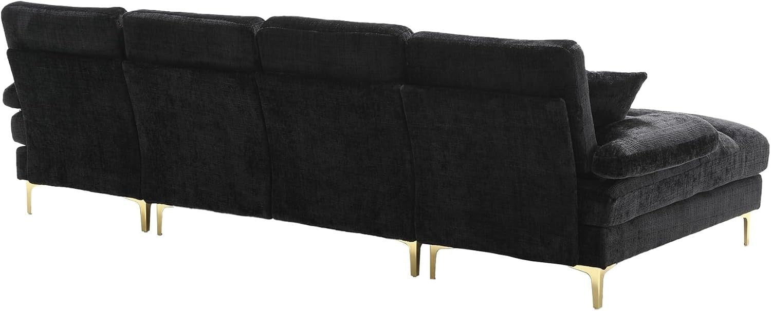 4 Seater U-Shaped Sofa Black Chenille Sectional with 2 Chaise Lounges