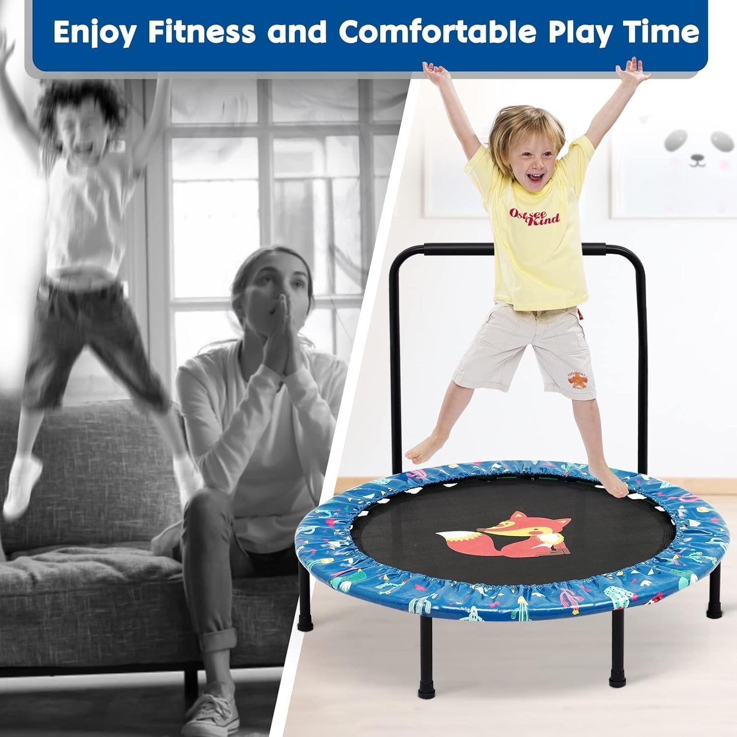 38'' Kids Mini Trampoline Foldable Quiet Rebounder Adjustable Handle Green