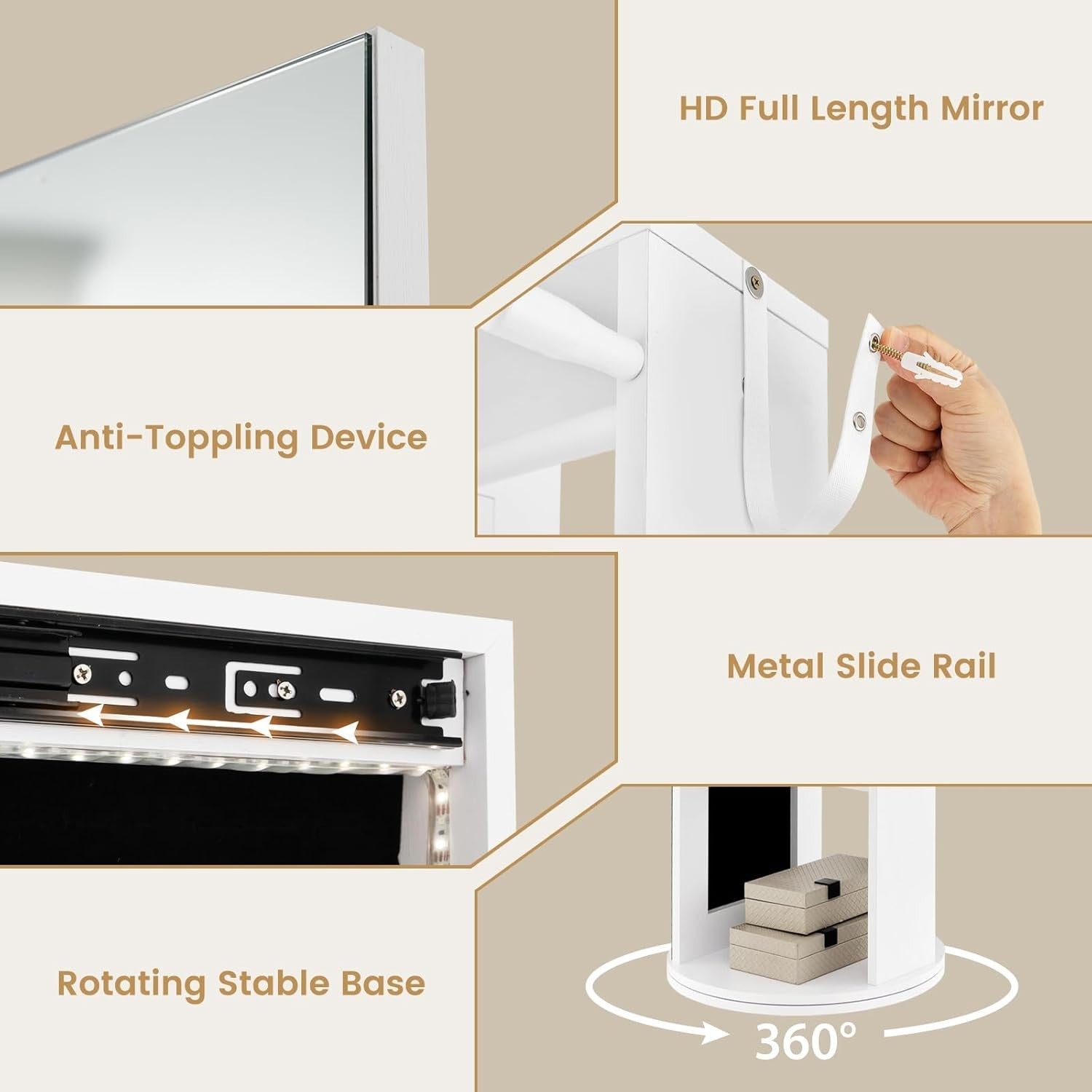 White 360° Rotating LED Jewellery Cabinet Mirror with Coat Rack