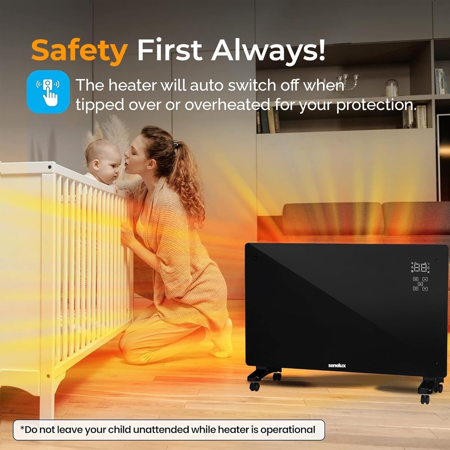 2000W WiFi Smart Electric Glass Panel Heater Black Remote Control