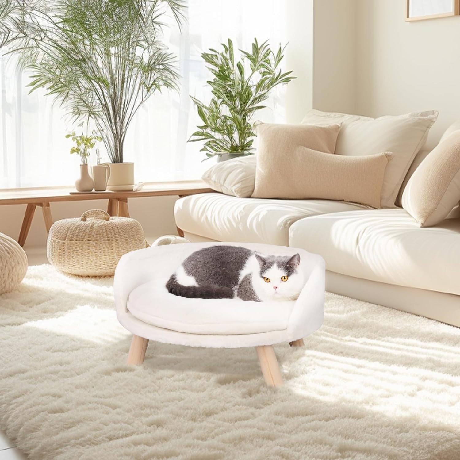 Elevated Cat Sofa Chair Bed Plush Pet Stool w Wooden Legs 40cm