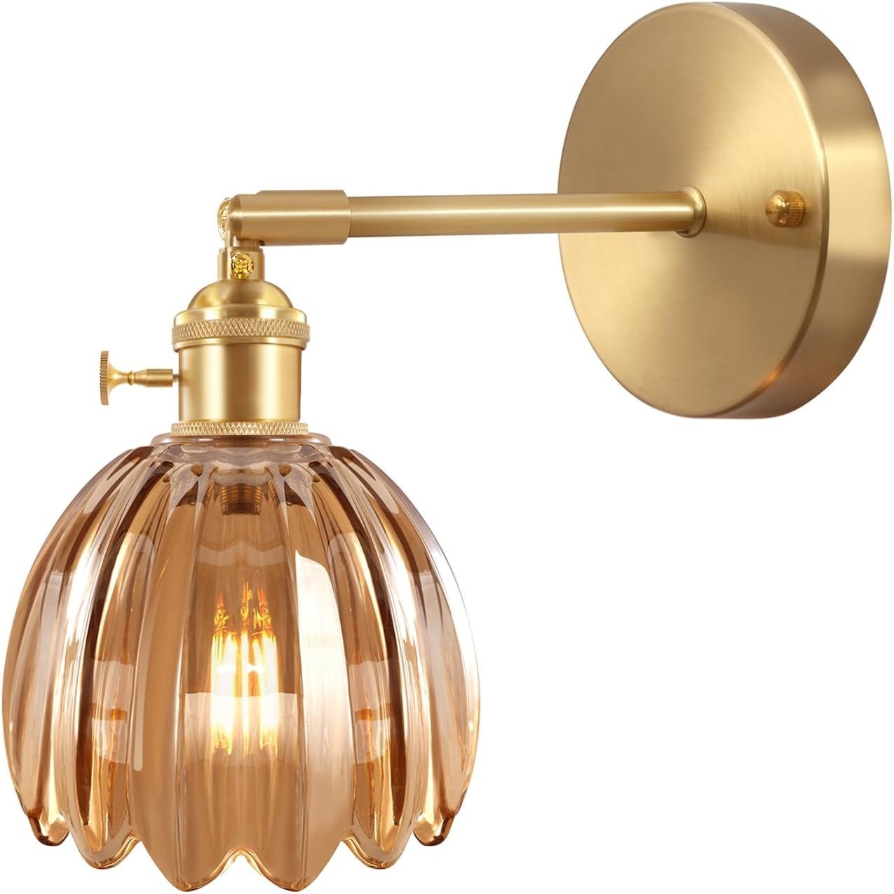 Vintage Amber Glass Wall Sconce, 180° Adjustable Brass Light Fixture