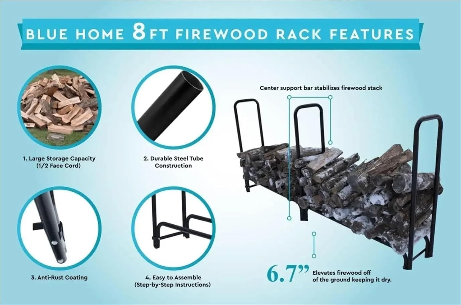 8ft Heavy Duty Log Rack & Cover Set – Waterproof Firewood Holder Outdoor