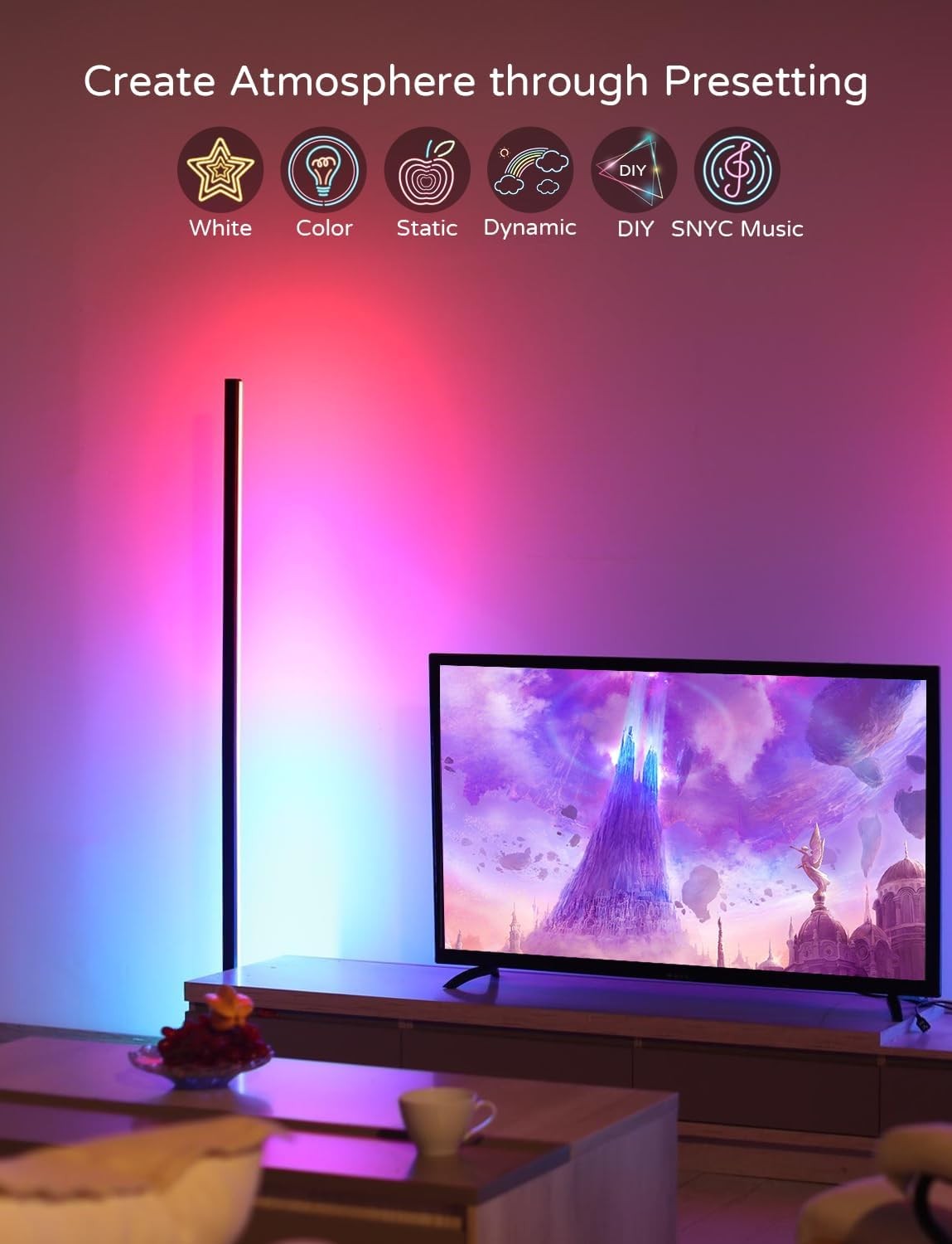 Smart LED Corner Floor Lamp 60 Inch App Alexa Google RGB Mood Light