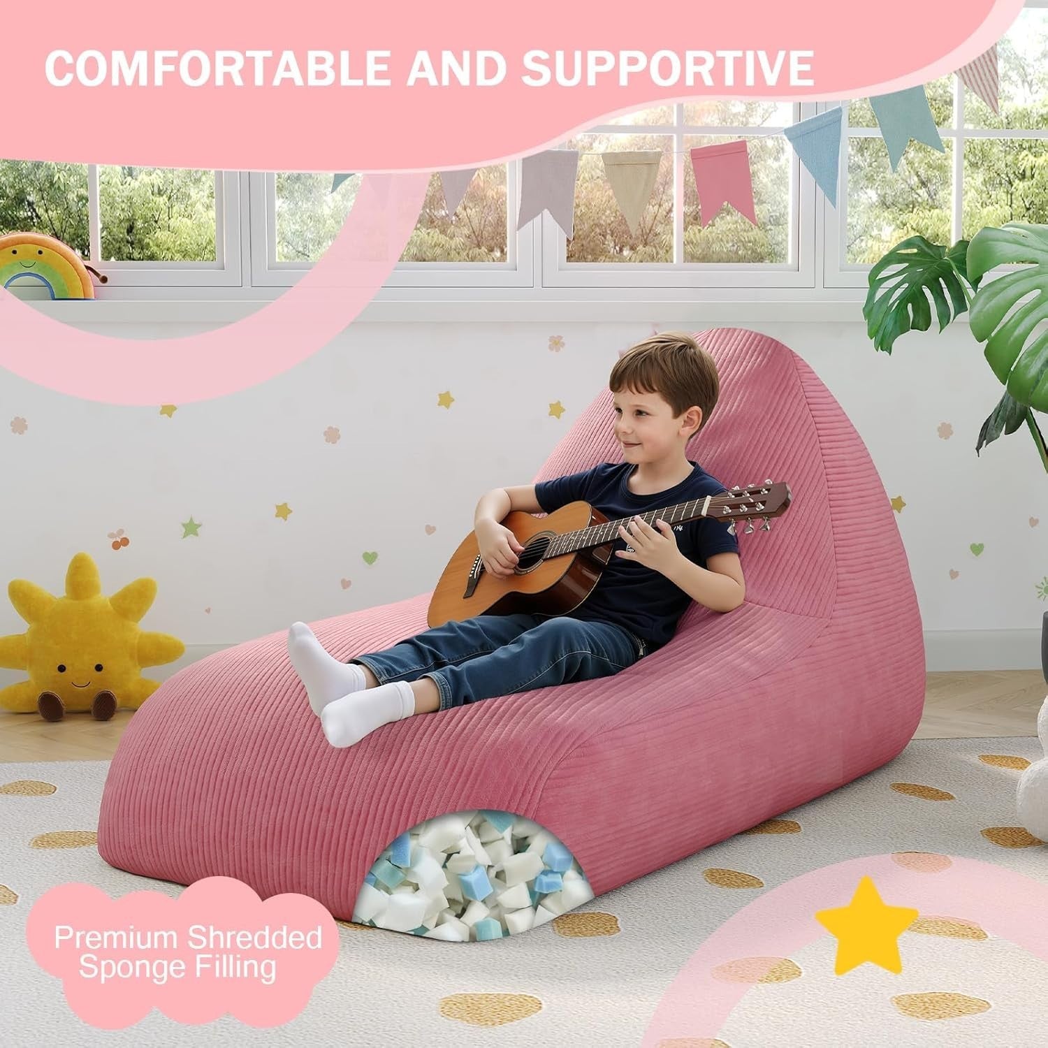 Large Pink Kids Bean Bag Chair with Removable Washable Cover