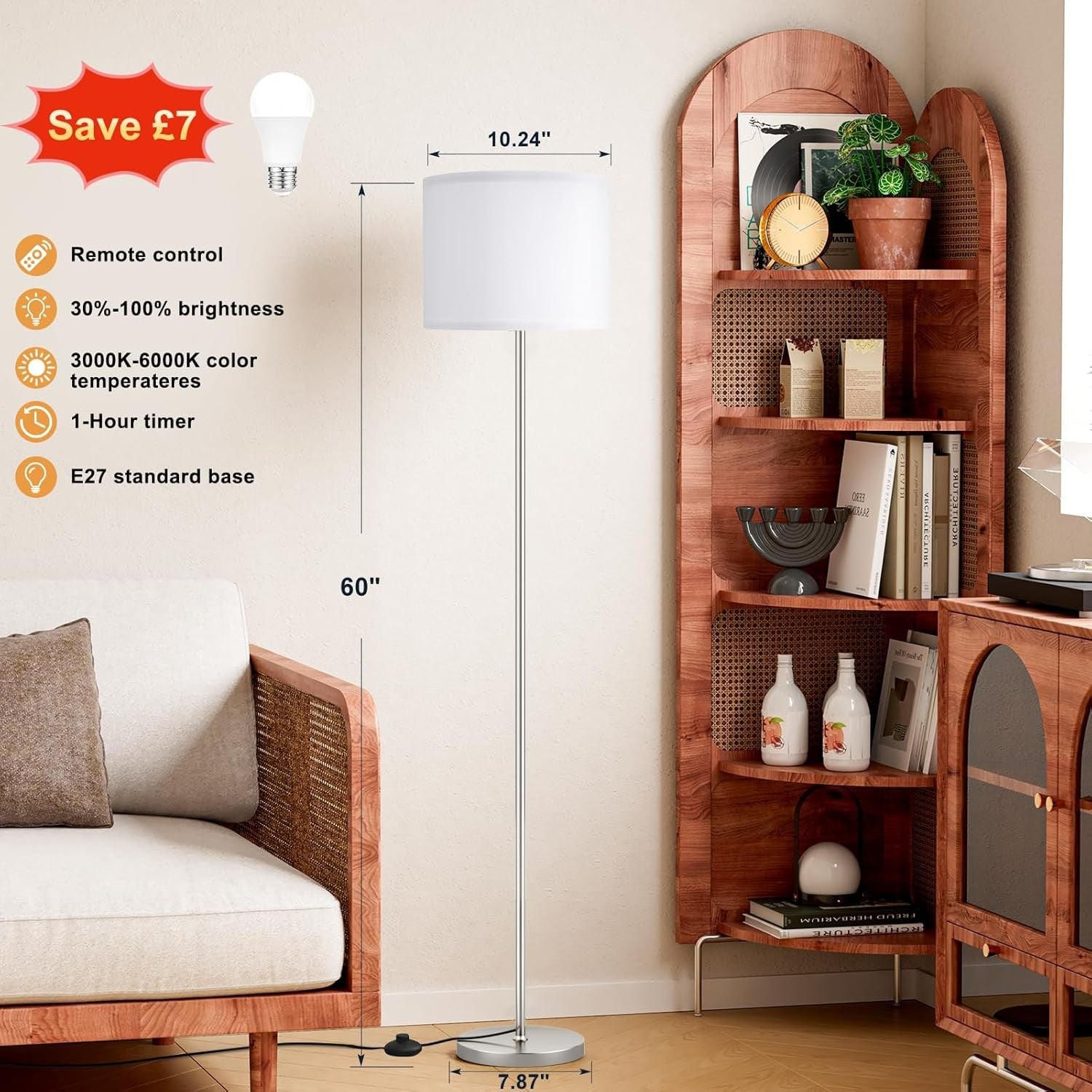 LED Floor Lamp with Remote Dimmable Brightness White Shade Modern Standing
