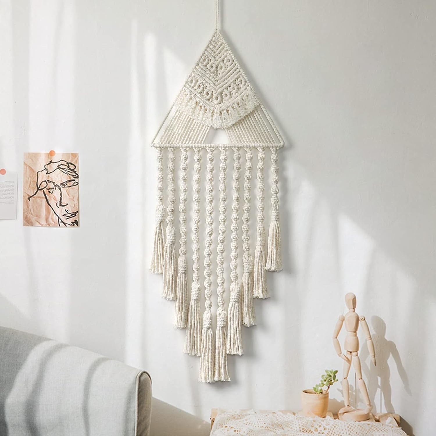 Beige Triangle Macrame Wall Hanging Boho Tassel Decor 70cm