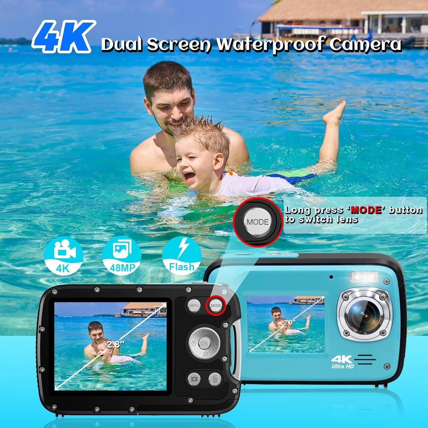 4K Waterproof Camera 48MP Dual Screen Snorkeling Camera 32GB
