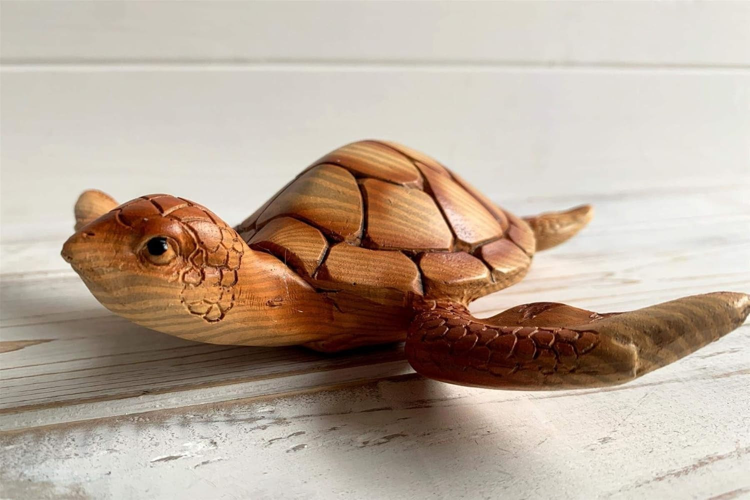Nautical Wood Effect Turtle Ornament 18cm • Coastal Sea Life Decor