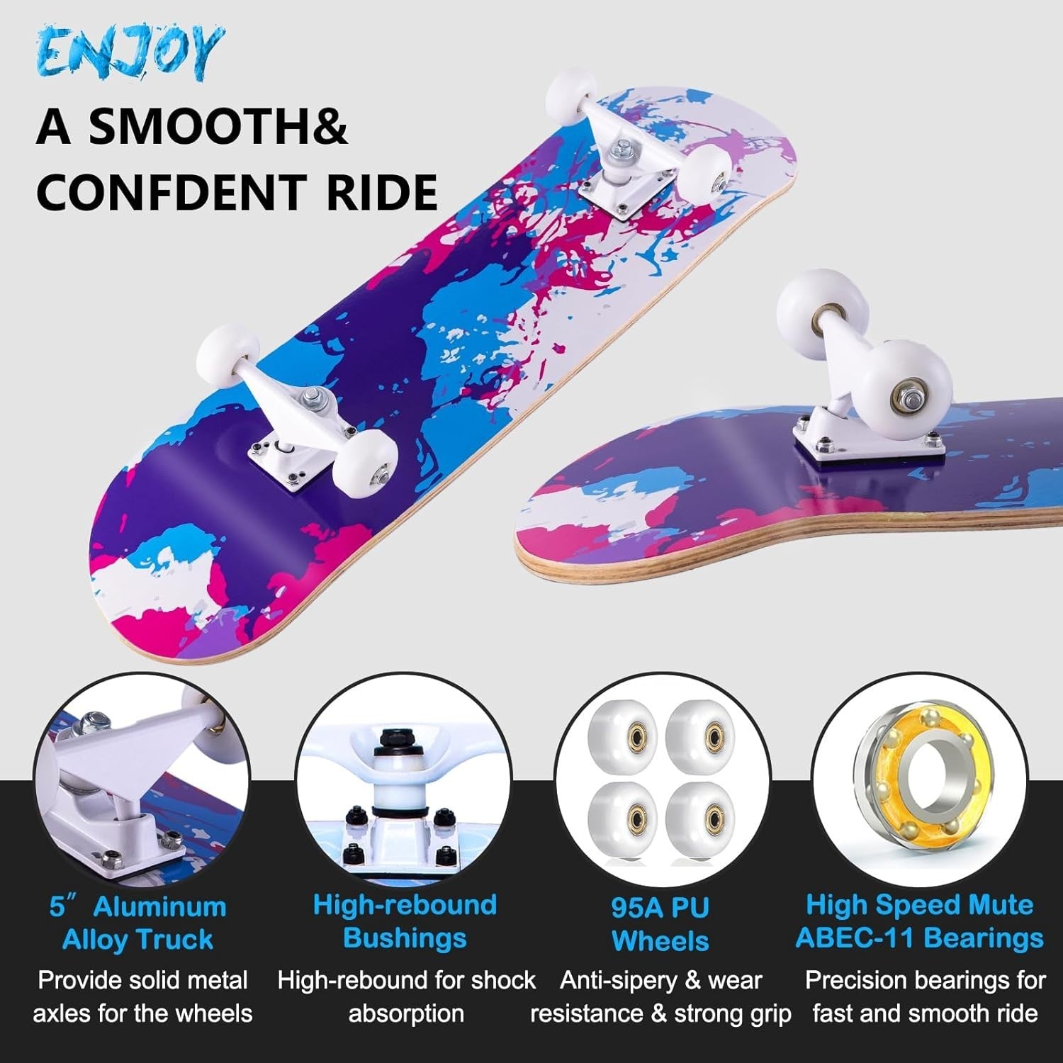 Complete 31x8 Maple Skateboard Double Kick Cruiser Beginner Teens Adults