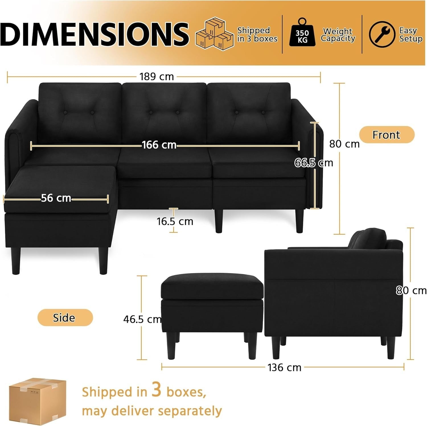 Velvet Black L-Shaped Corner Sofa with Ottoman 3-Seater Chaise for Small Spaces