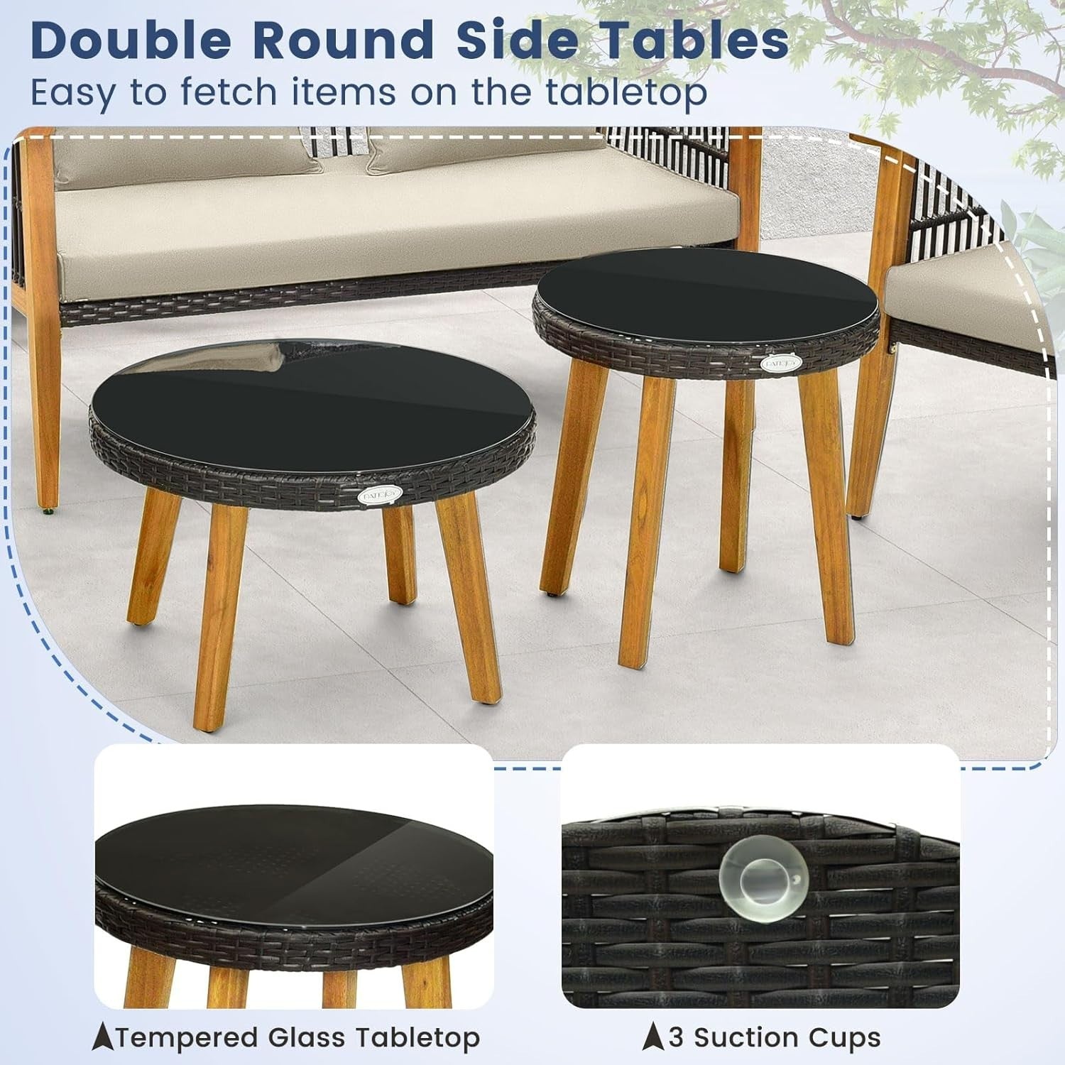 5pc Garden Sofa Set Wood Rattan Outdoor Furniture Cushions & Tables