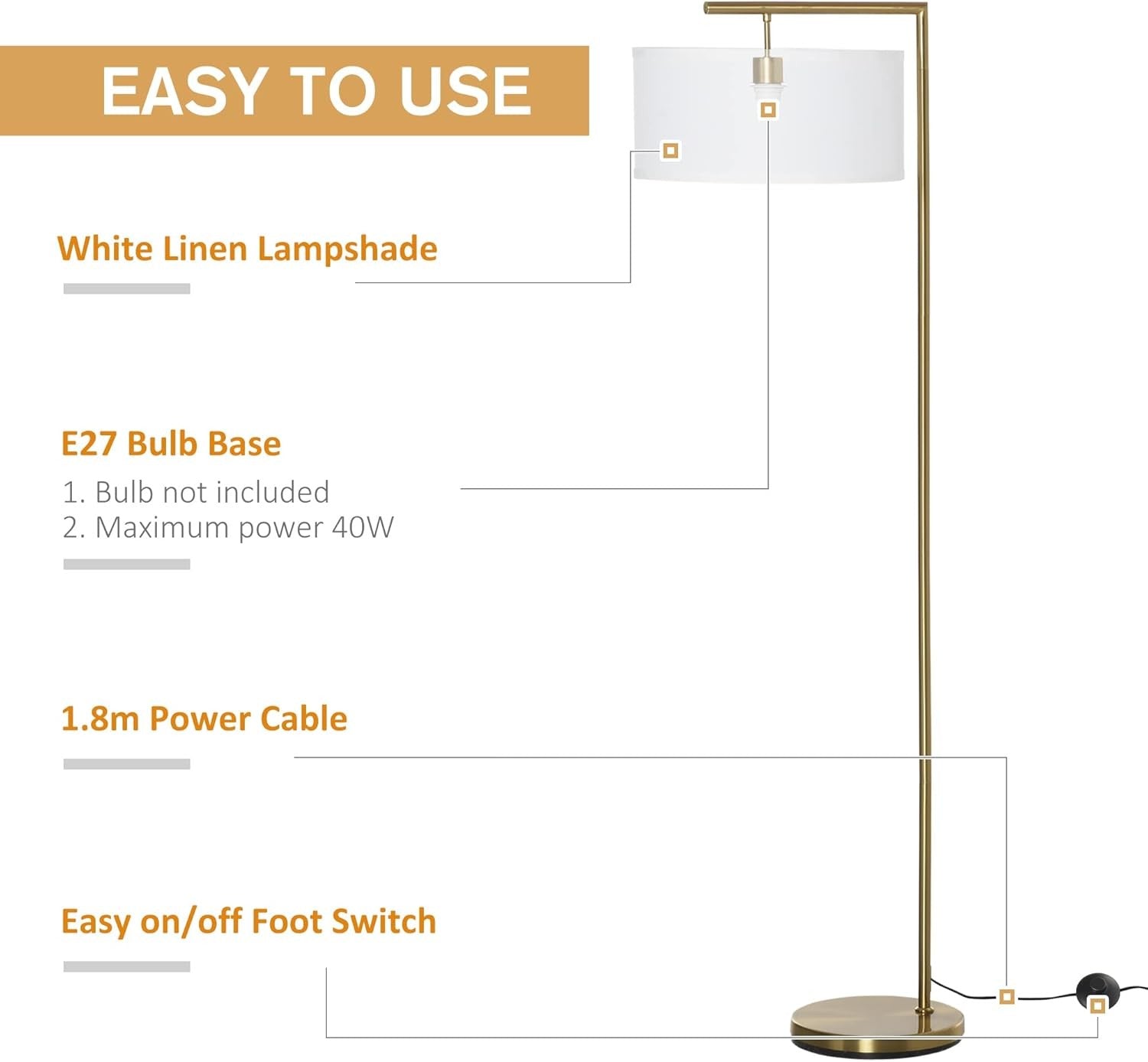 Modern Floor Lamp Linen Shade Gold Standing Light for Living Room Bedroom