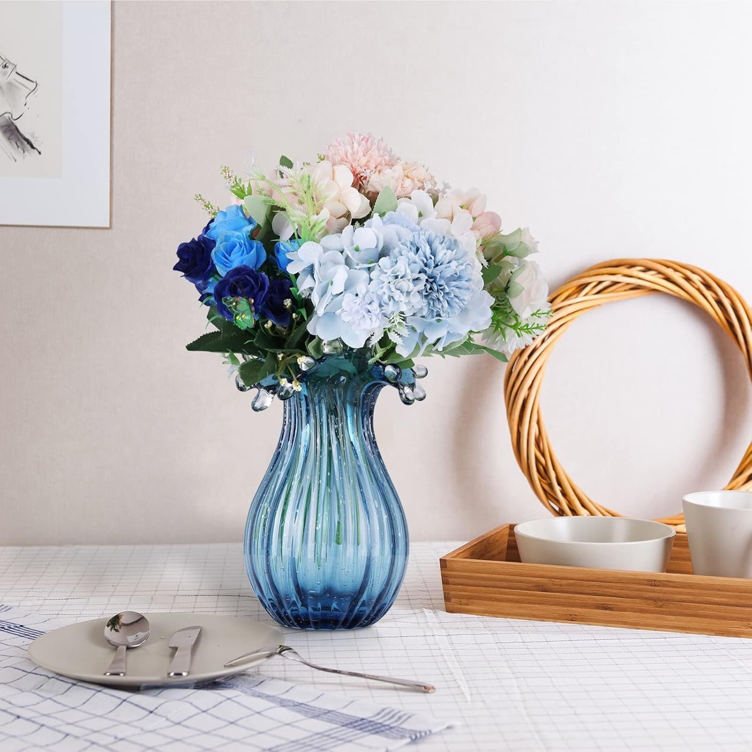 Blue Blown Glass Vase Modern Table Centerpiece Art Flower Display
