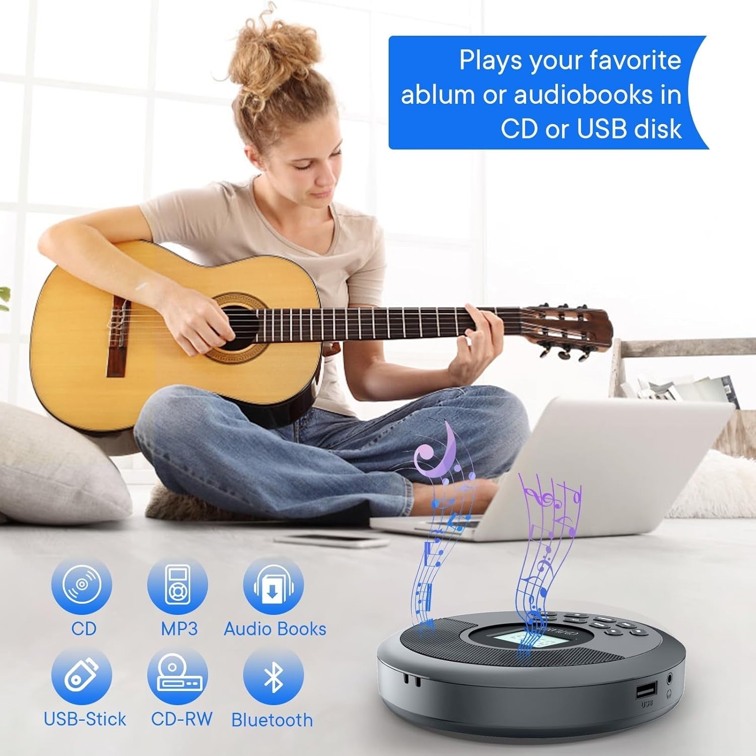 Portable CD Player Bluetooth Rechargeable Anti-Skip Speakers AUX Car
