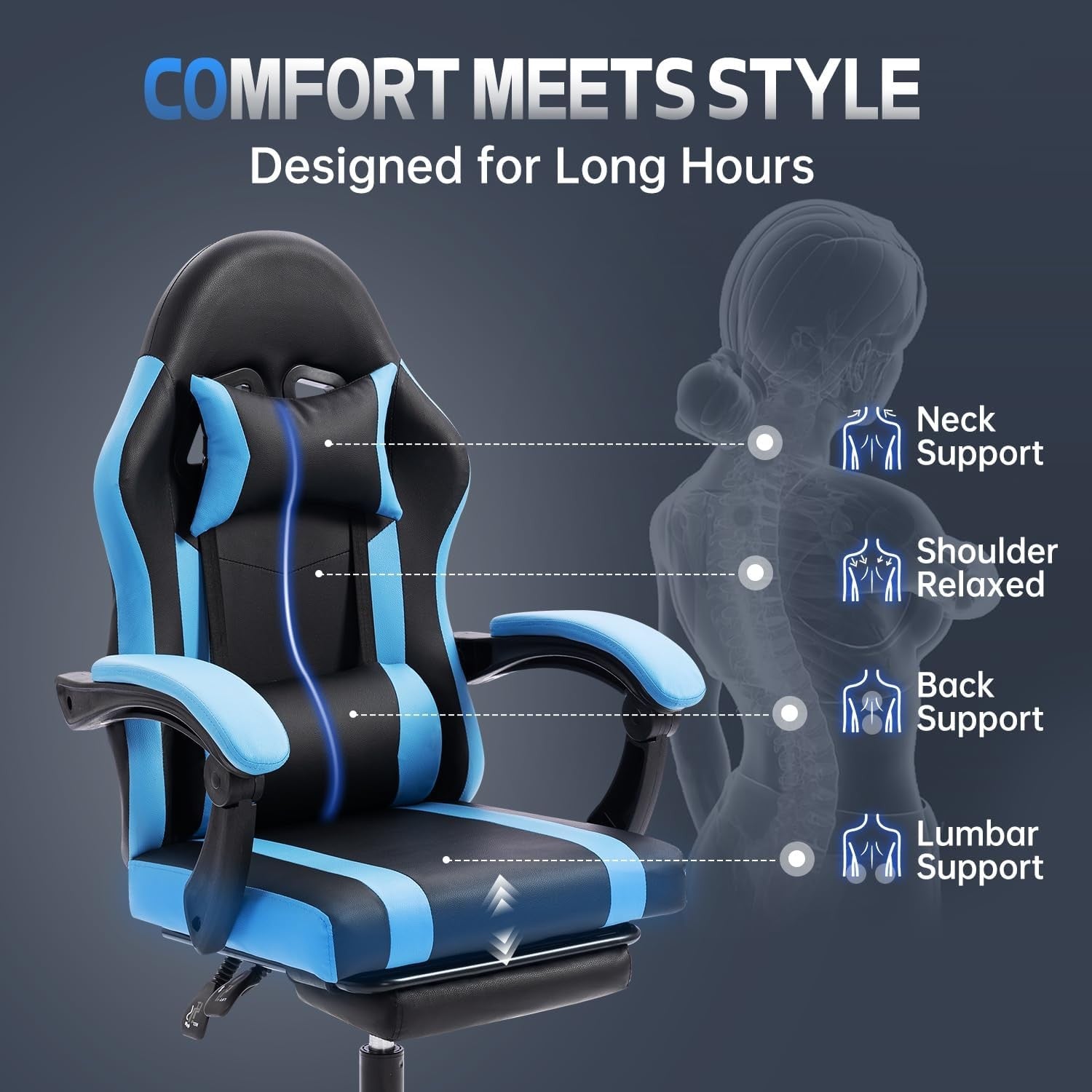 Blue Kids Gaming Chair Recliner Swivel Desk Chair with Footrest