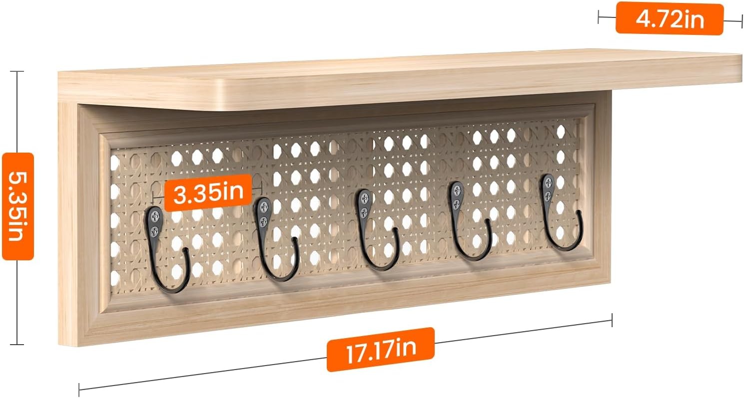 Boho Rattan Wall Shelf with 5 Hooks Natural Wood Floating Entryway Rack