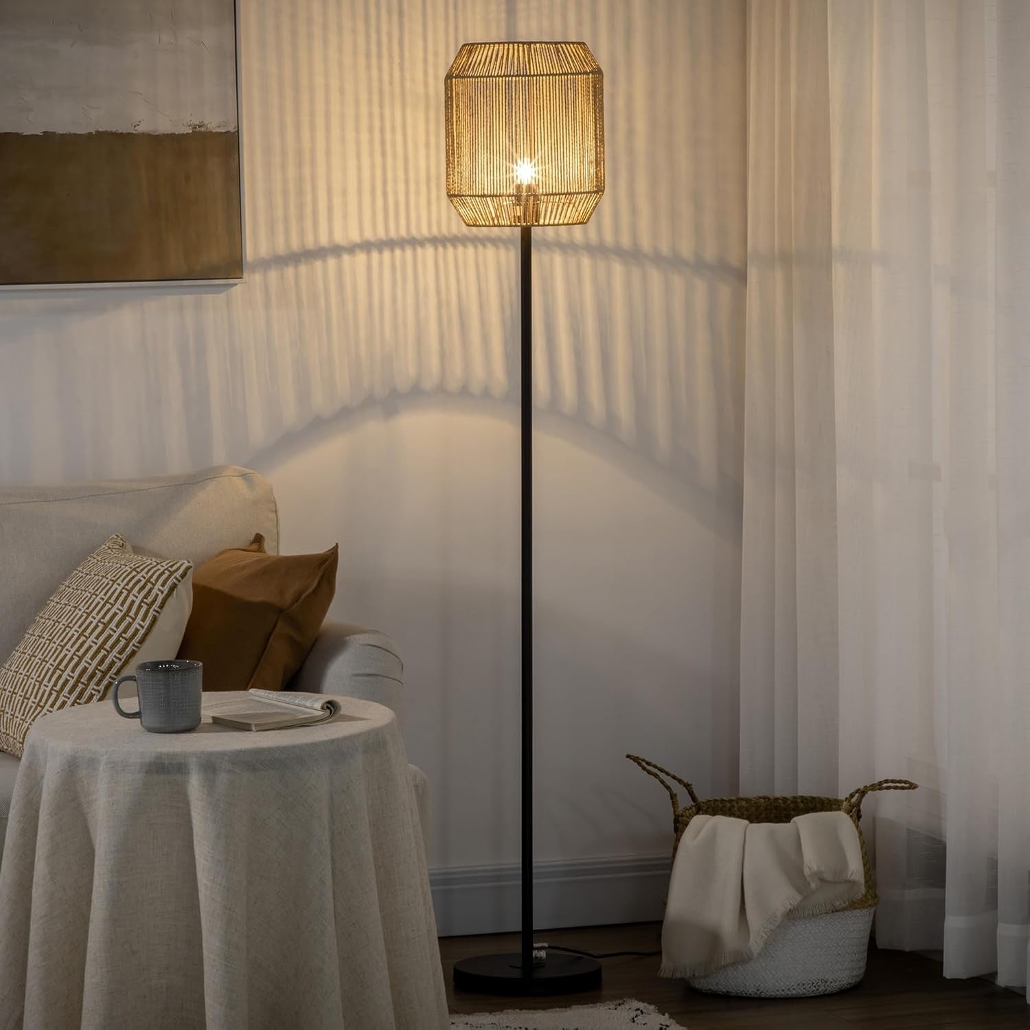 Rattan Floor Lamp Wicker Standing Light Natural Shade Living Room Bedroom