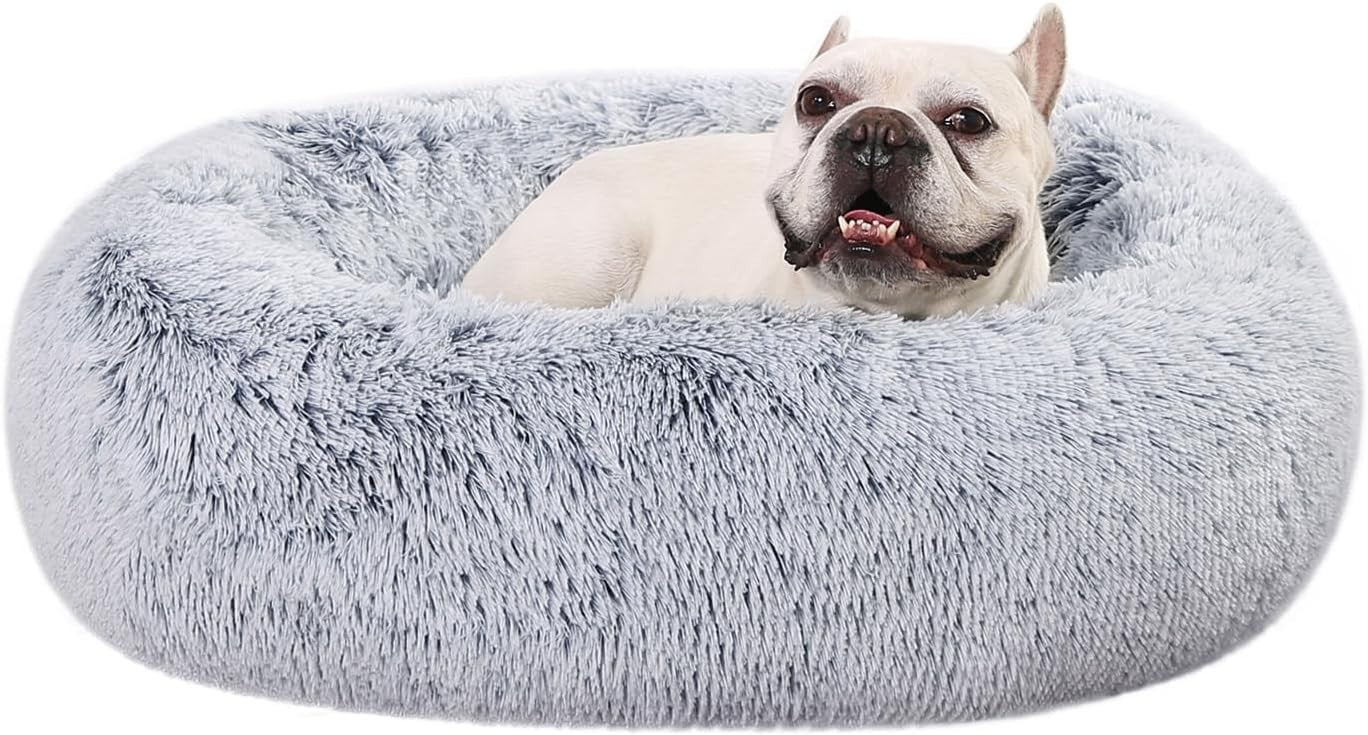 Plush Donut Dog Bed 76cm Faux Fur Washable Calming