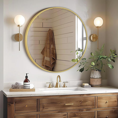 Luxury Gold Round Wall Mirror 76cm Vanity Bathroom Decor Modern Hallway