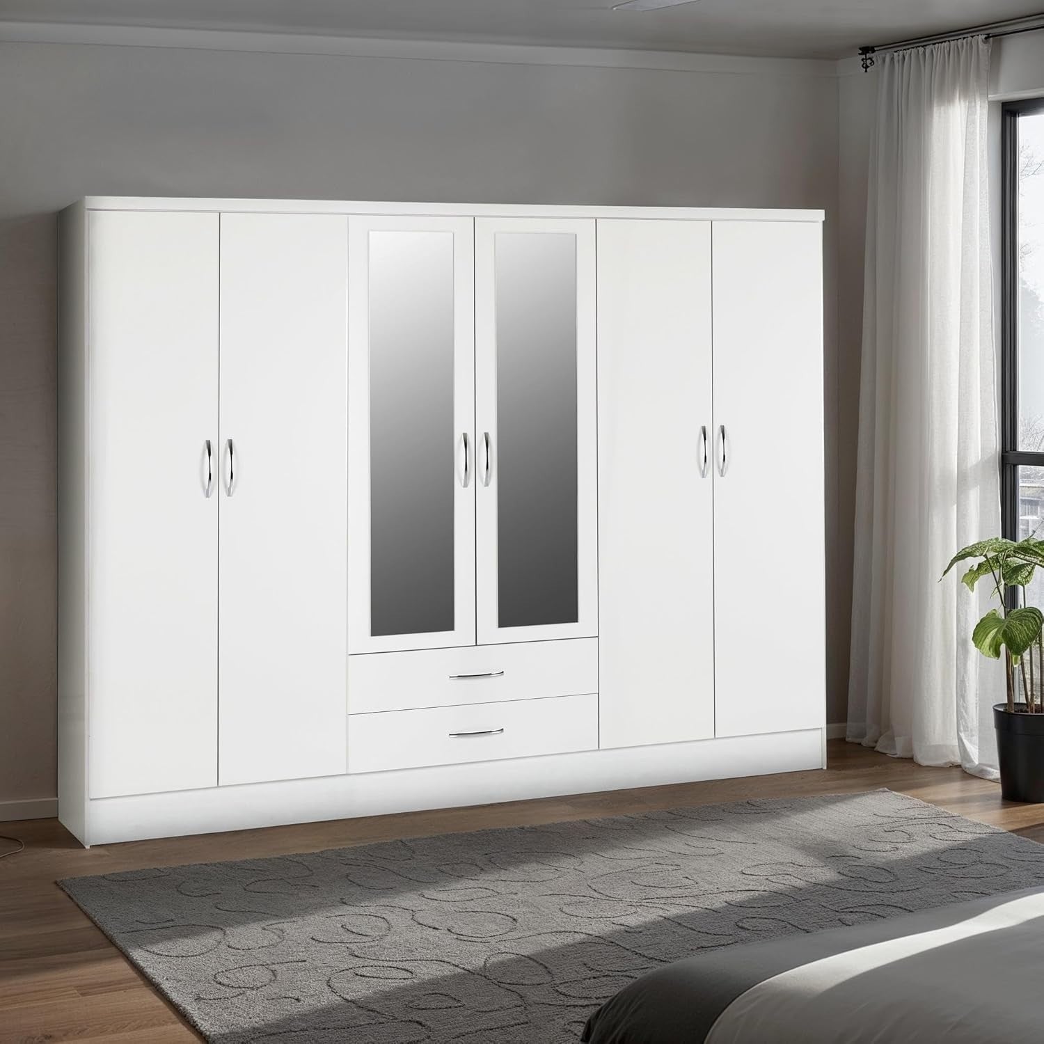 6 Door White Gloss Wardrobe with 2 Drawers & Mirrors – Modern Bedroom Storage