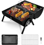 Portable Folding Charcoal BBQ Grill with Roasting Plate & Dual Grill Racks