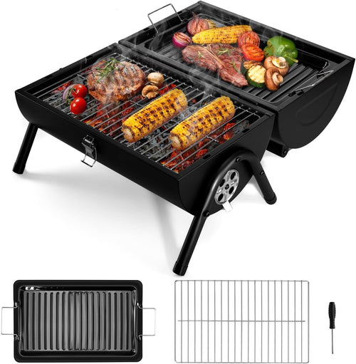 Portable Folding Charcoal BBQ Grill with Roasting Plate & Dual Grill Racks