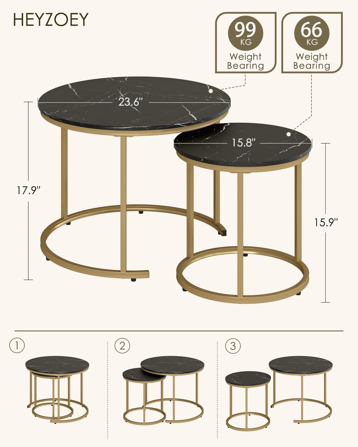 Round Nesting Coffee Tables Set of 2 Grey Top Black Frame, Space Black and Gold