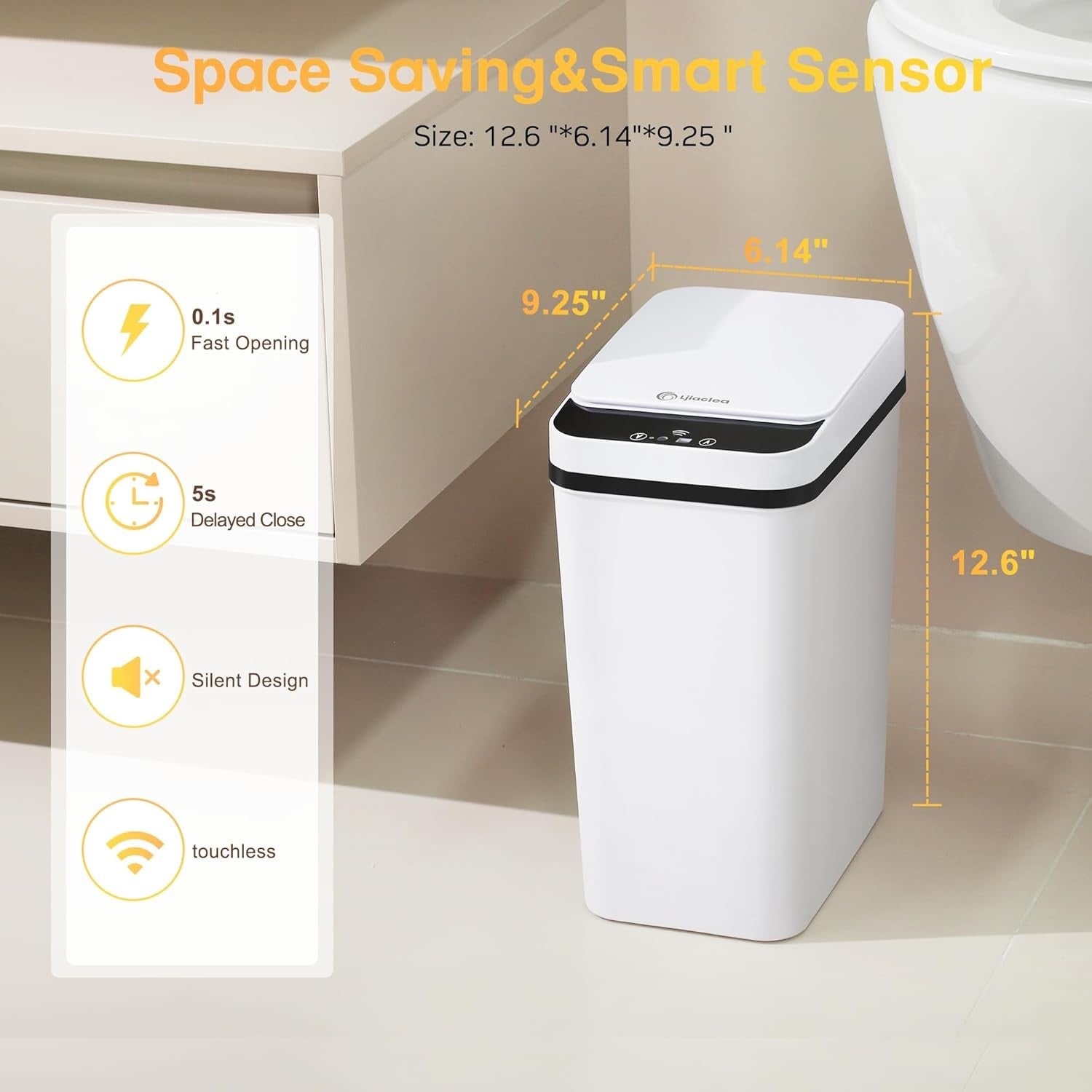 2.6 Gallon Touchless Motion Sensor Bathroom Trash Can Black