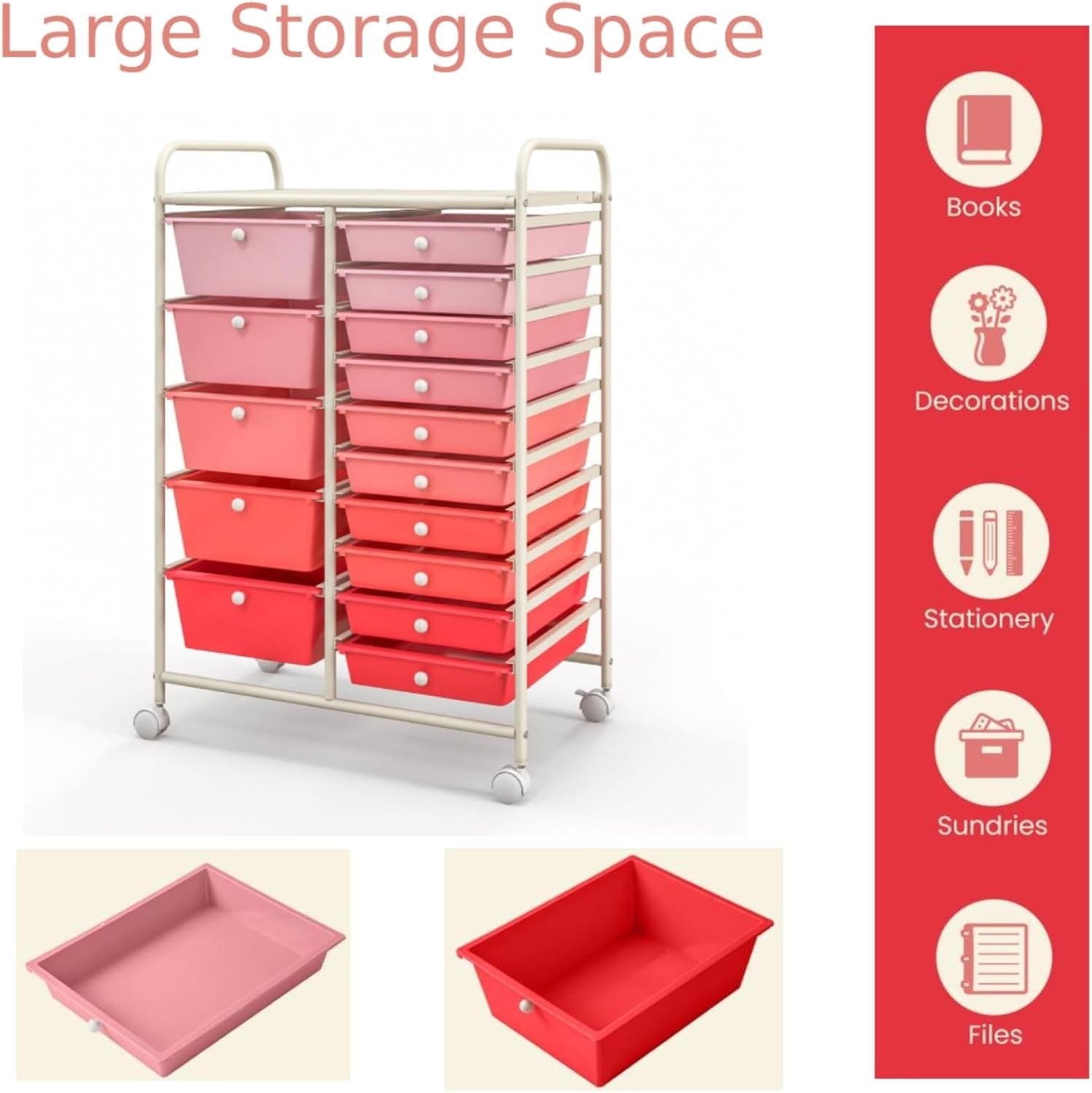 15 Drawer Rolling Storage Trolley Gradient Pink Organizer Cart