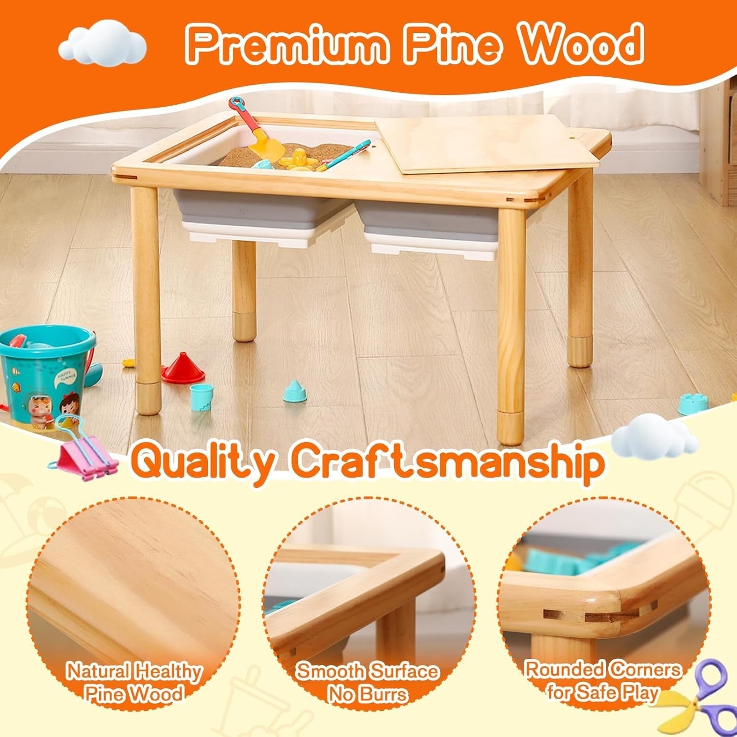 Adjustable Kids Sensory Table with 2 Storage Bins, Sand & Water Play, Pine Wood