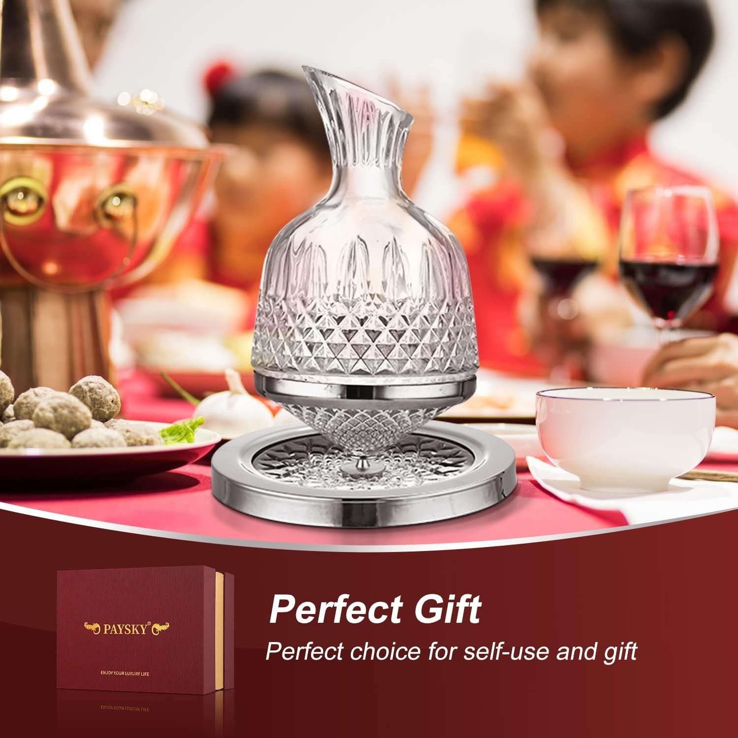 Crystal Spinning Wine Decanter 45oz Rotating Base Luxury Gift Box Aerator