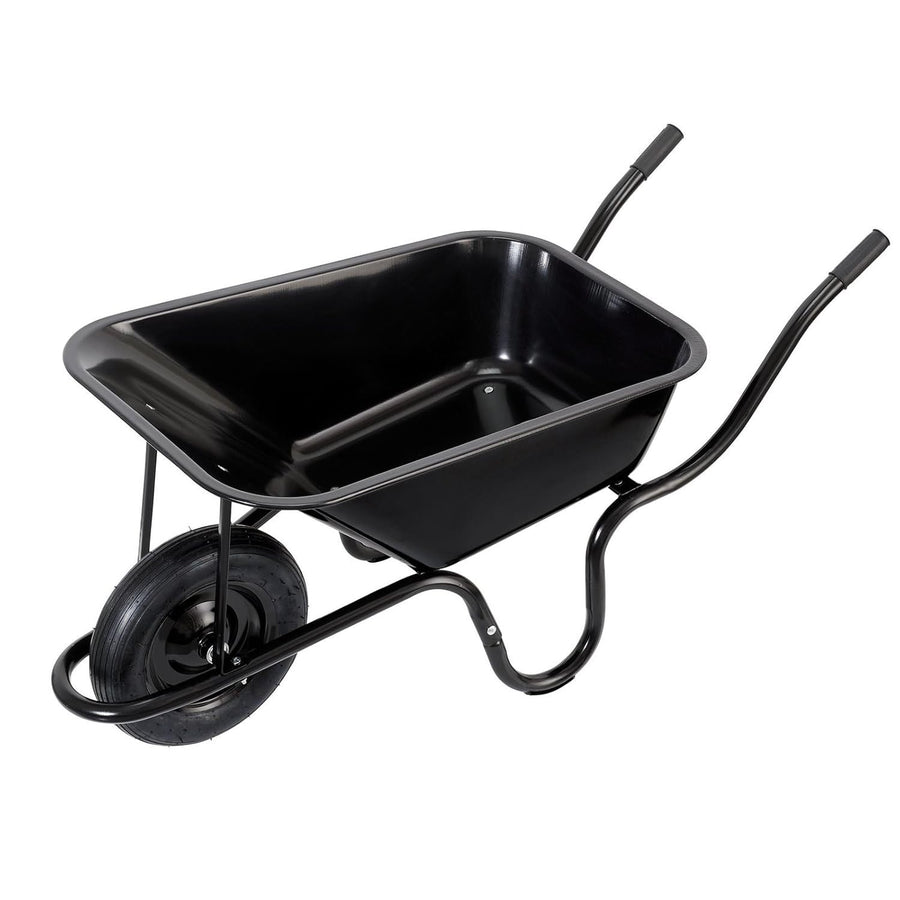 85L Black Wheelbarrow – Metal Tray Tubular Steel Frame Pneumatic Tyre Heavy Duty