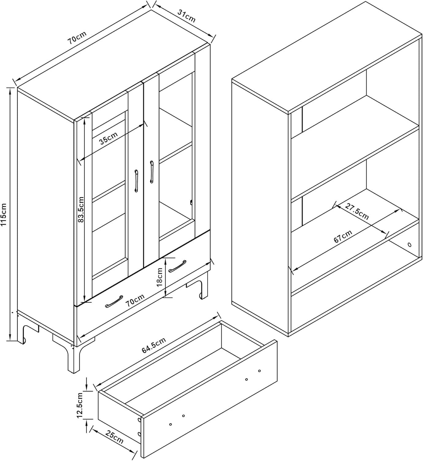 115cm Oak Display Cabinet | 2 Glass Doors & 1 Drawer