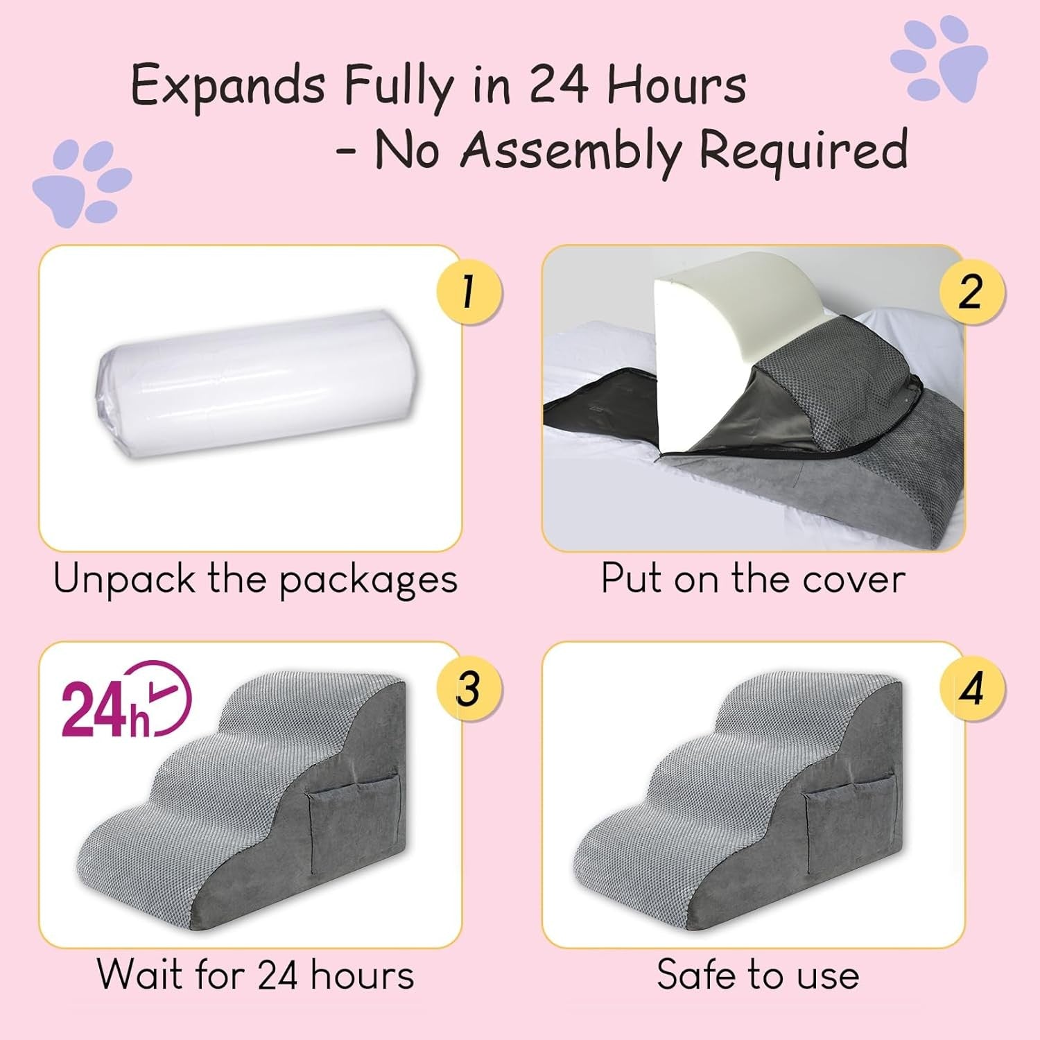3 Step Dog Stairs Non Slip Pet Steps with Storage Pockets