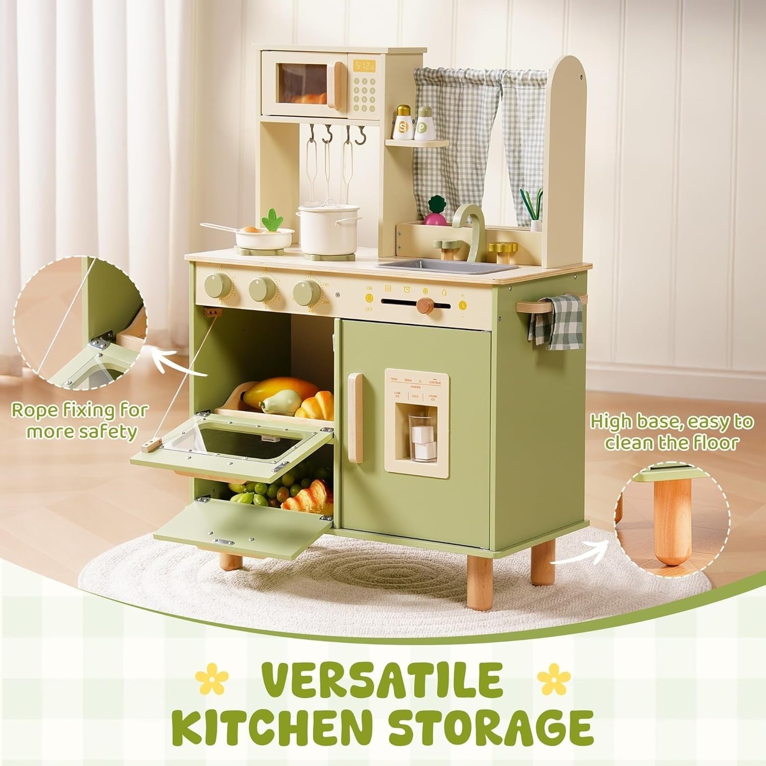 Wooden Kids Play Kitchen w/ Fridge Ice Dispenser Green Toy
