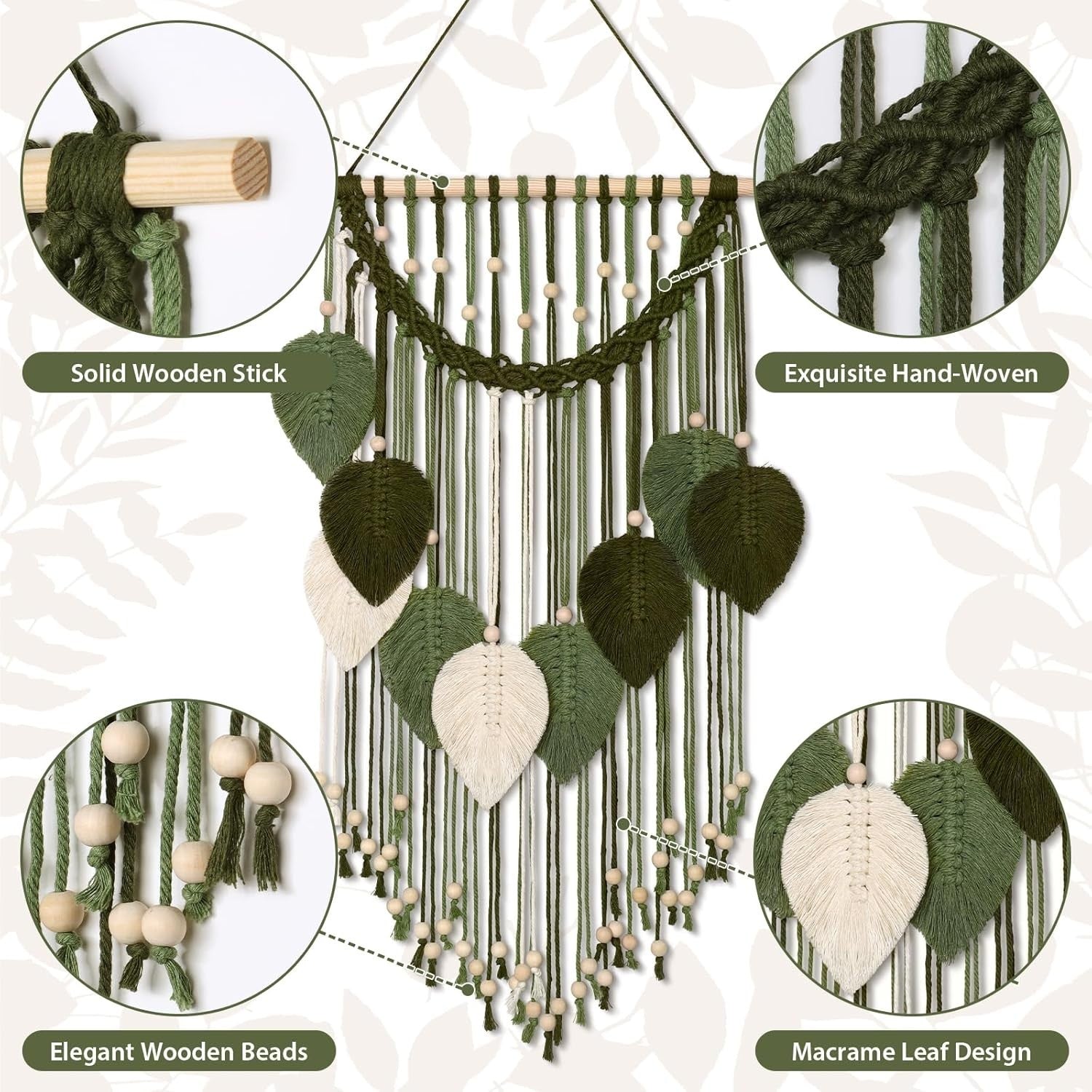 Macrame Wall Hanging Boho Leaf Woven Decor Green & White