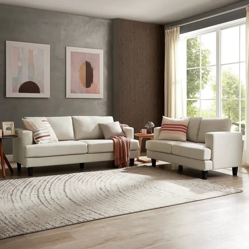 Natural Linen 3 Seater Sofa Modern Fabric Couch Cream Padded Seat Legs