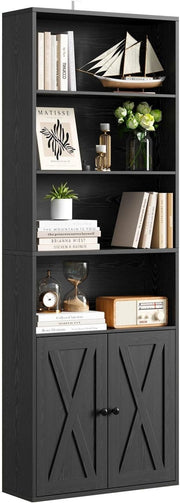 6 Tier Tall Black Bookcase with Doors Storage Display Shelf 60x23.5x180cm