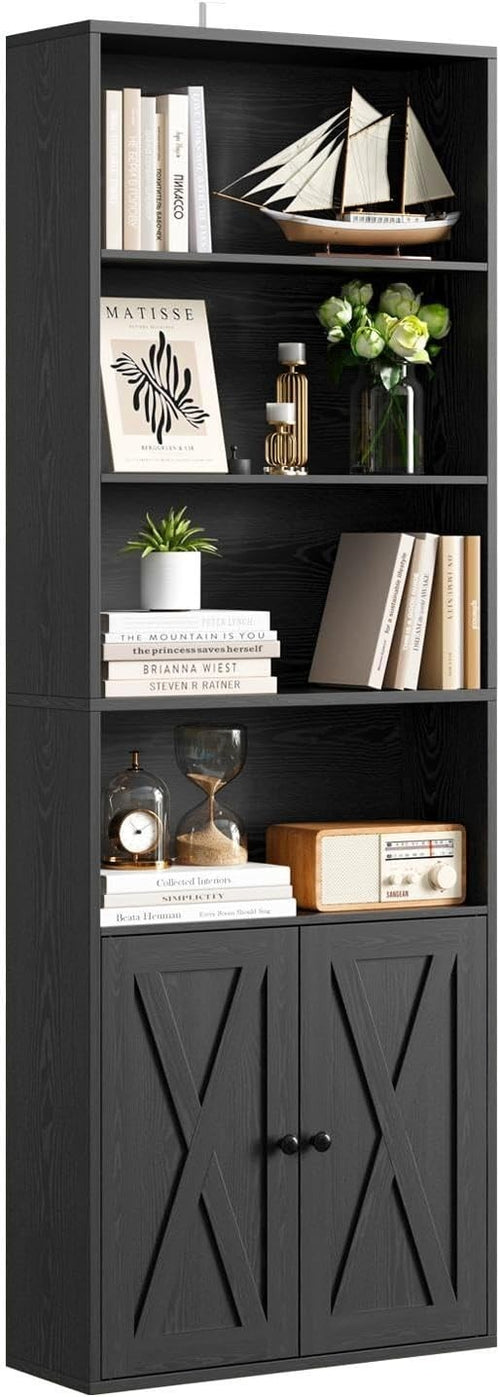 6 Tier Tall Black Bookcase with Doors Storage Display Shelf 60x23.5x180cm