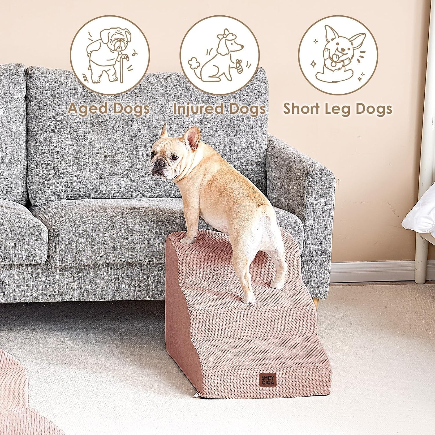 3 Step Dog Stairs for Bed Non Slip Foam Pet Steps Dusty Pink