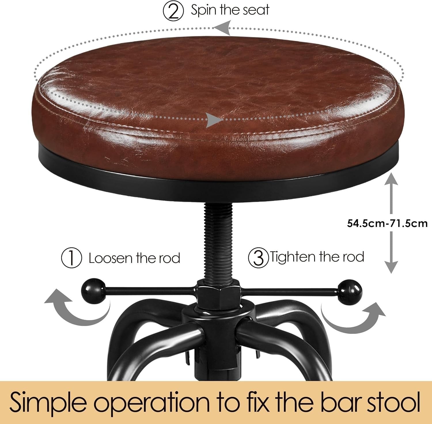Adjustable Rustic Industrial Bar Stool Faux Leather Kitchen Counter Chair