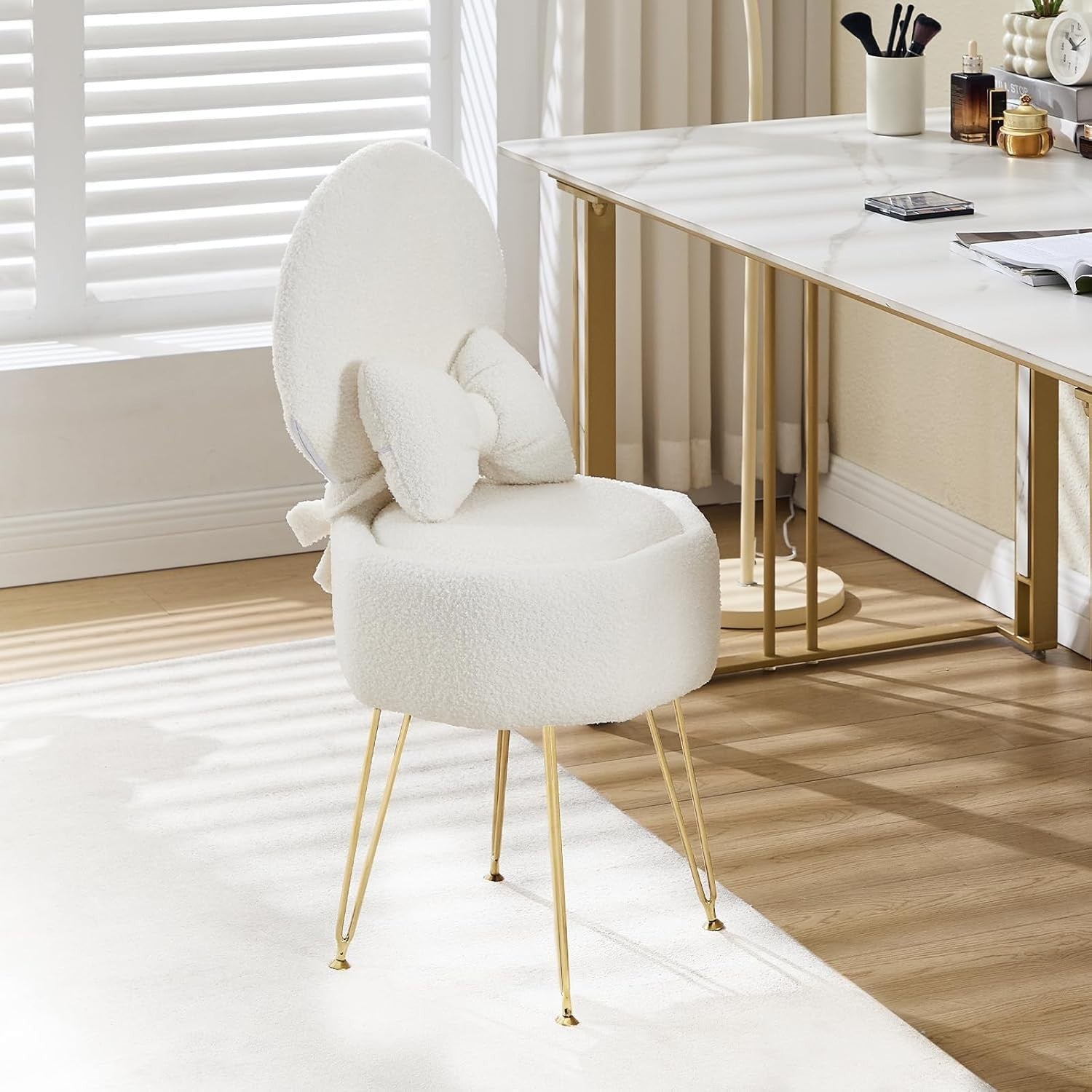 White Sherpa Vanity Chair with Storage & Foldable Back – Makeup Stool