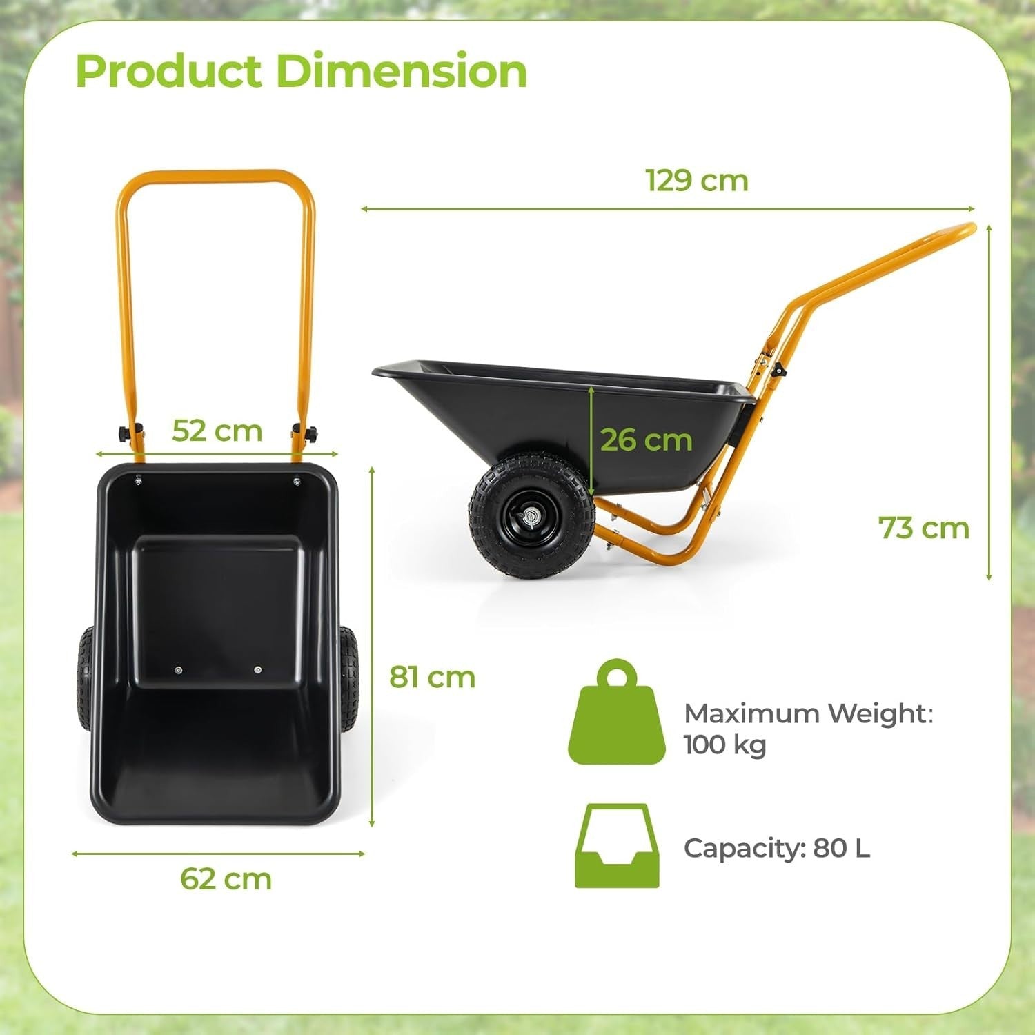 80L 2-Wheel Wheelbarrow Black+Yellow – Pneumatic Tyres w/ Adj Handle 100kg Cap