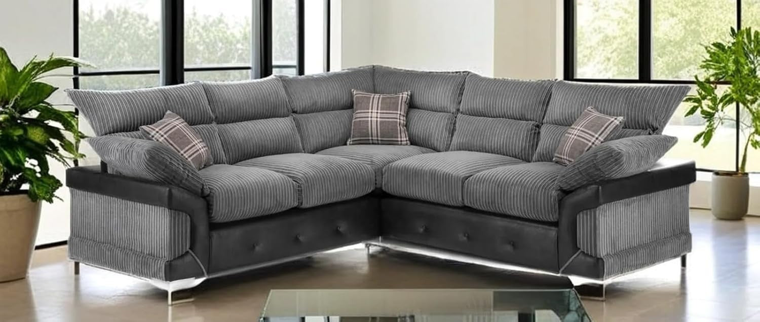 Spacious 5-Seater Jumbo Cord Corner Sofa L-Shape High Back Comfort Cushions