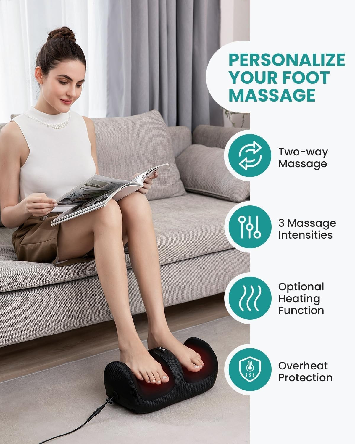 Shiatsu Foot Massager with Heat & Rollers, Compact Pain Relief for Feet & Calves