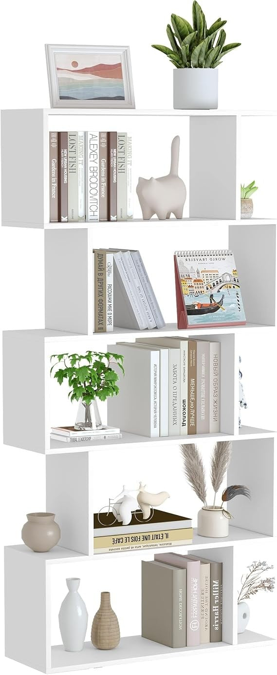 White 5-Tier S-Shaped Geometric Bookshelf Modern Display Storage Unit