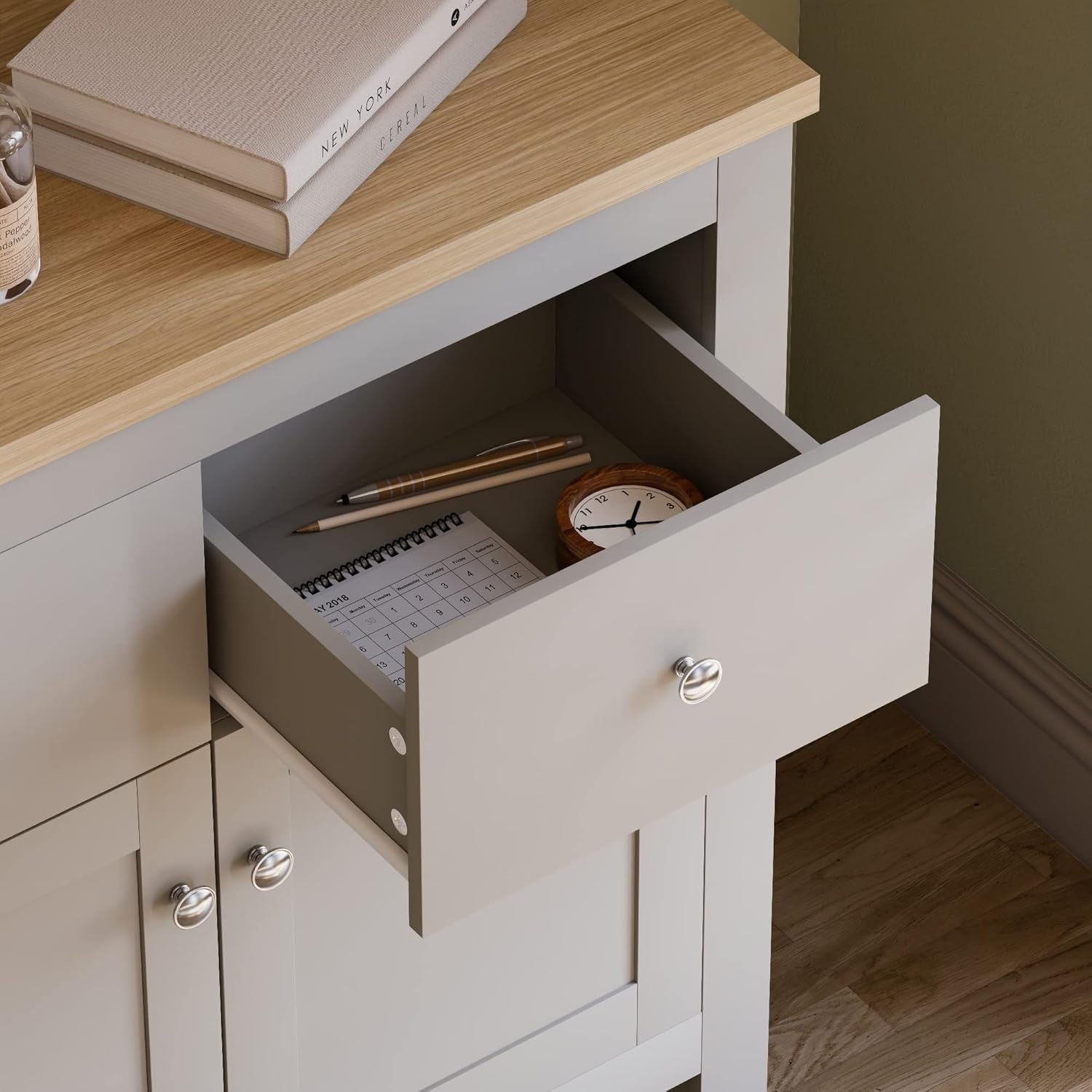 Modern Grey & Oak Sideboard Cabinet 2 Door 2 Drawer Storage Unit